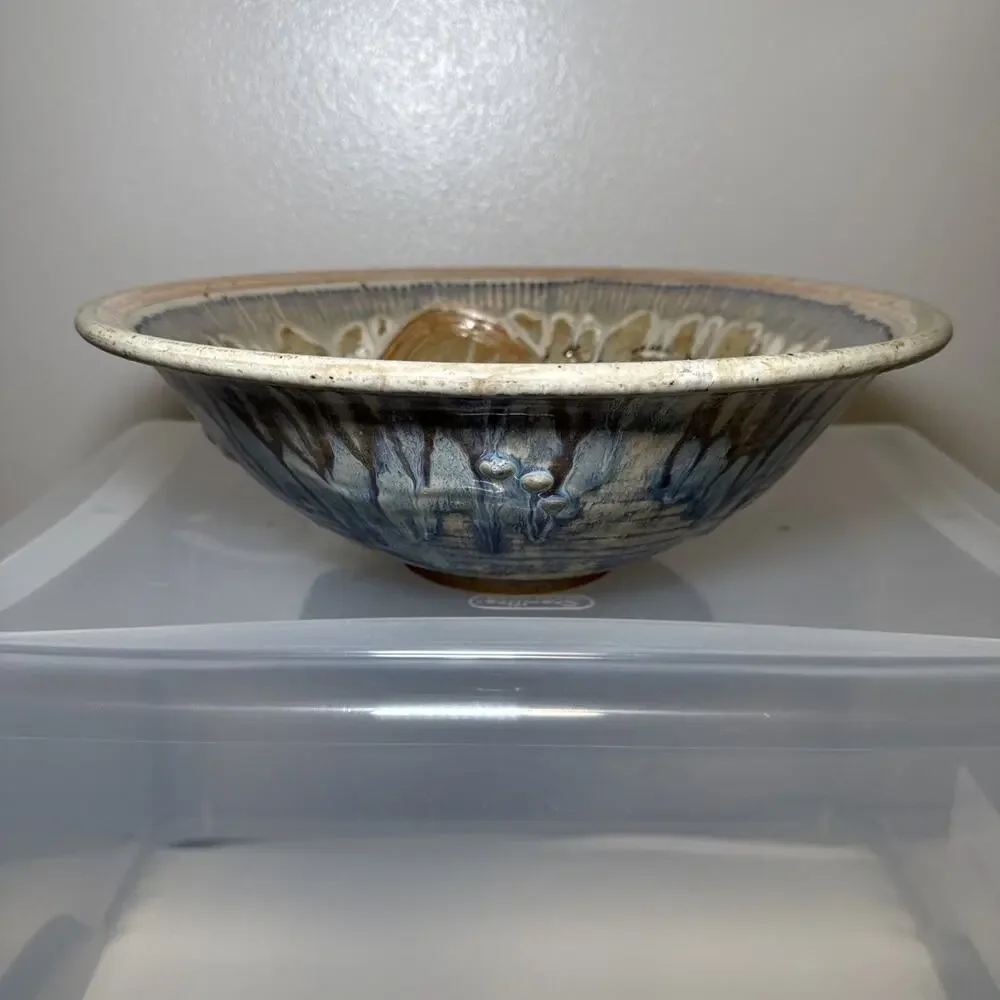Julie Perry Signed Pottery Large Clay Bowl Tan Blue Glaze Celebrate the Wonder